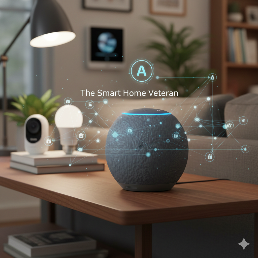 A spherical Amazon Echo smart speaker (representing Alexa) on a wooden table. A holographic 'A' for Alexa glows above it, highlighting its role as the leading smart home veteran in this Smart Speaker Buying Guide.