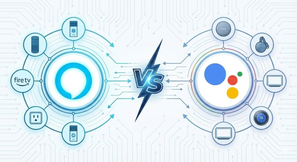 Side-by-side view of the Echo Dot 5 vs Nest Mini 2, representing the larger war between the Amazon Alexa and Google Assistant smart home ecosystems.