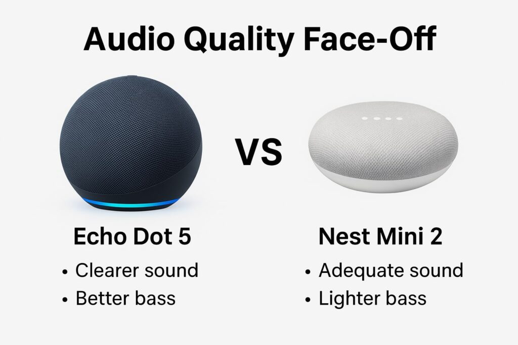 Echo Dot 5 vs Nest Mini 2 audio quality comparison showing sound and bass differences