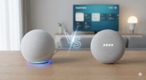 Side-by-side comparison of Amazon Echo Dot 5 vs Nest Mini 2 on a wooden table with a smart home dashboard in the background.