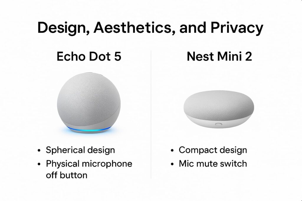 Echo Dot 5 vs Nest Mini 2 design, aesthetics, and privacy comparison