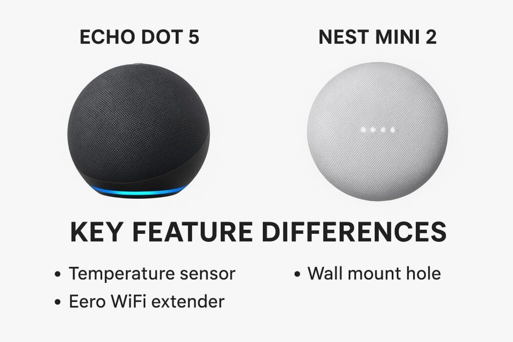 Echo Dot 5 vs Nest Mini 2 key feature differences including temperature sensor and wall mount design