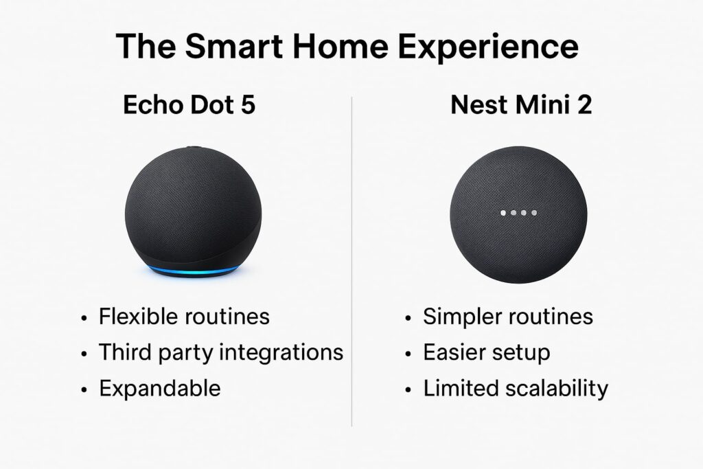 Echo Dot 5 vs Nest Mini 2 smart home experience comparison showing routines and automation differences