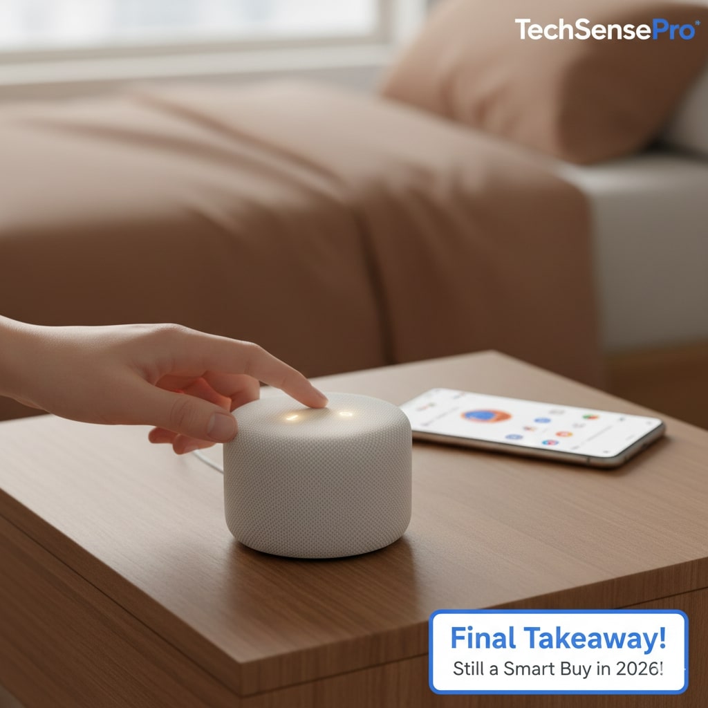 Final verdict: The Chalk Google Nest Mini 2nd Gen on a side table with a price tag of $59.99, confirming it's a great value budget smart speaker for 2026.