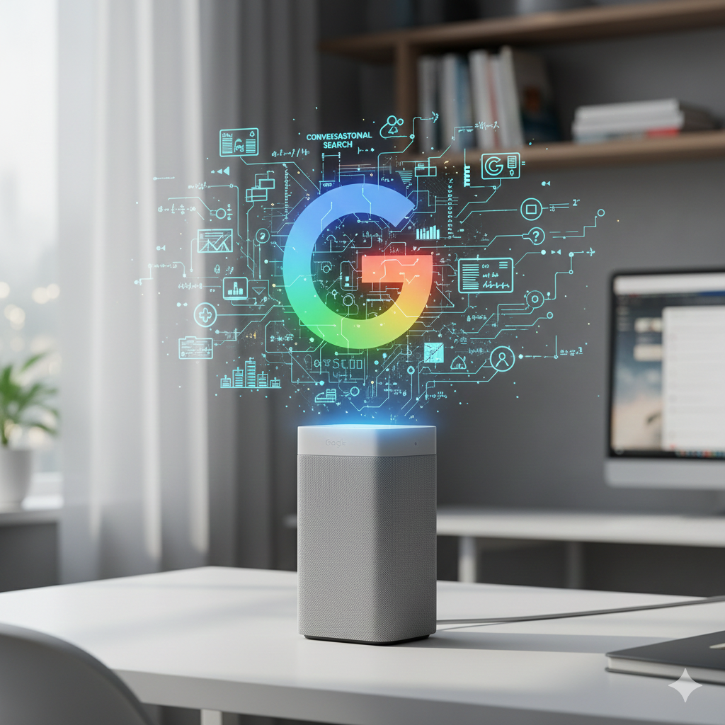 A cylindrical smart speaker, representing the Google Nest Audio, sitting on a wooden surface. A glowing holographic 'G' for Google Assistant is featured prominently, emphasizing its advanced AI and superior search capabilities as noted in this Smart Speaker Buying Guide
