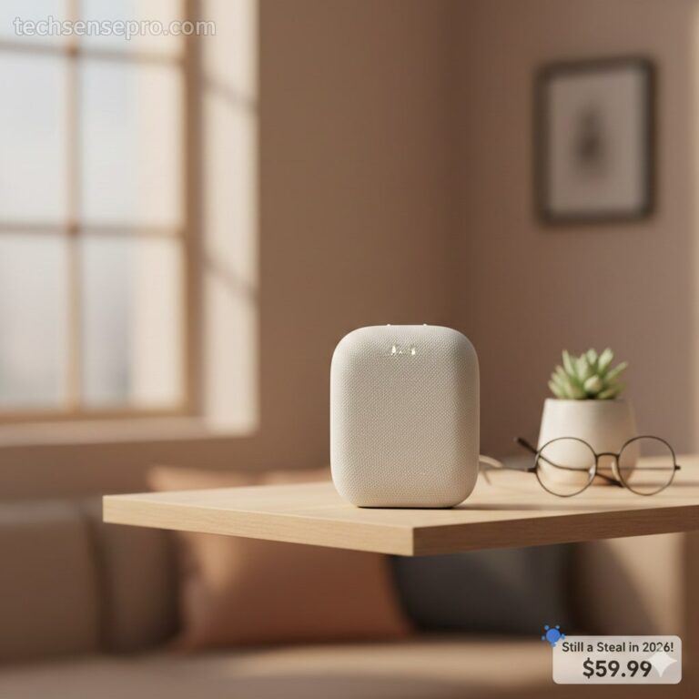 Google Nest Mini 2nd Gen smart speaker in Chalk white on a wooden side table next to reading glasses, illustrating its use for smart home automation.