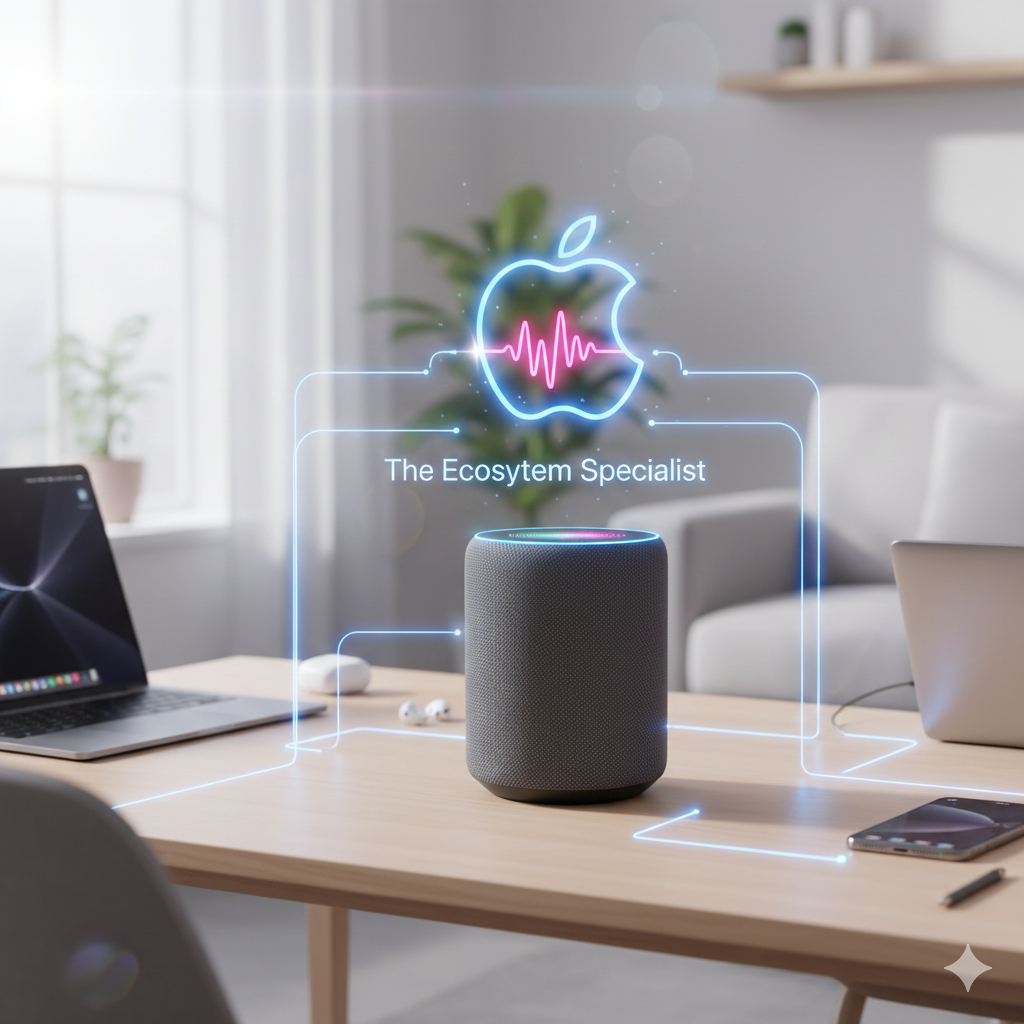 A compact Apple HomePod Mini smart speaker on a wooden surface. A glowing holographic Apple logo for Siri is displayed above it, symbolizing its seamless integration and tight focus on the Apple HomeKit ecosystem, a key point in this Smart Speaker Buying Guide.