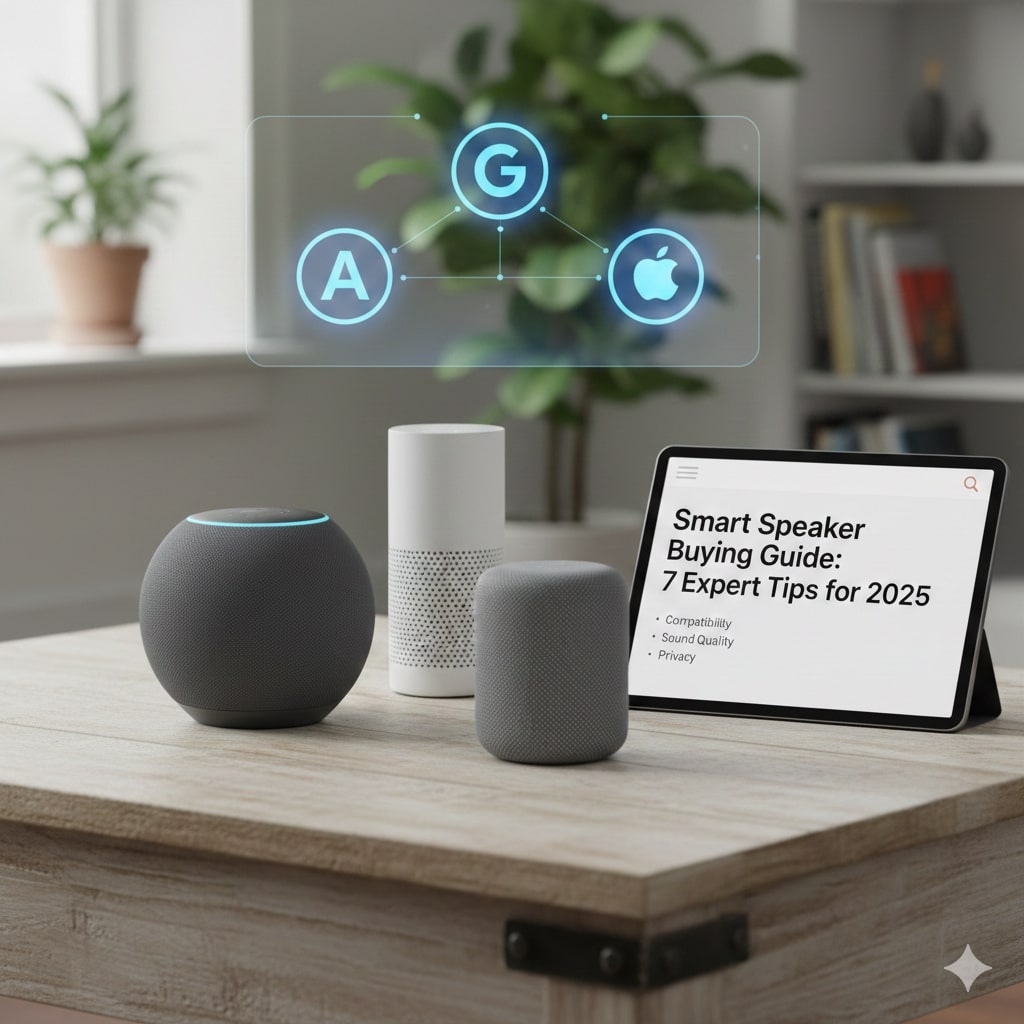 Three popular smart speakers (Echo, Nest, HomePod) sitting on a table next to a tablet displaying the "Smart Speaker Buying Guide" checklist. The image highlights the comparison of ecosystems (Alexa, Google, Apple) and key decision factors like compatibility and privacy for readers.