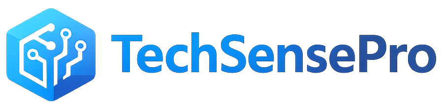 TechSensePro logo with a blue geometric tech icon featuring circuit nodes on the left and the word “TechSensePro” in a modern sans-serif style.